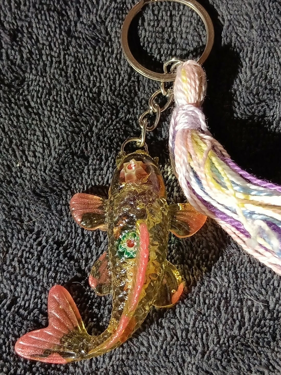 Handmade Accessories - Rose Pink Fish Keychain Amethyst Rose Petals Gold Flowers  Pastel Bag Charm